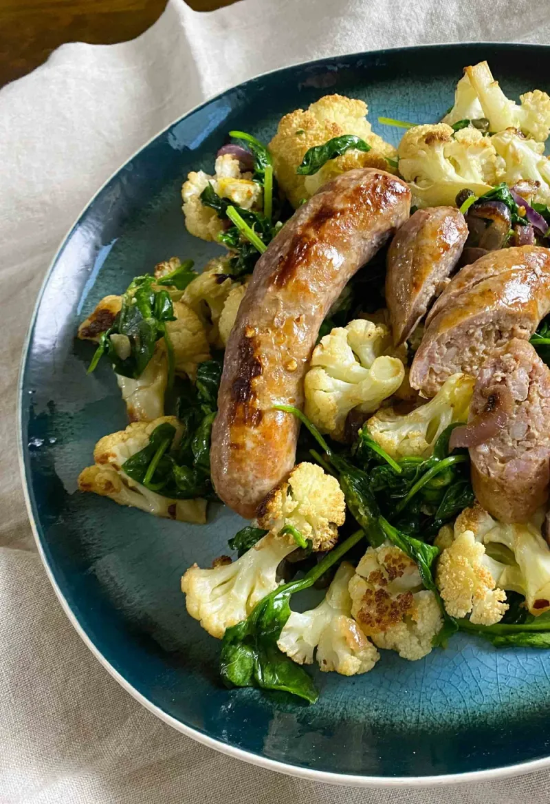 Cauliflower Mash with Chicken Sausages and Herb Gravy