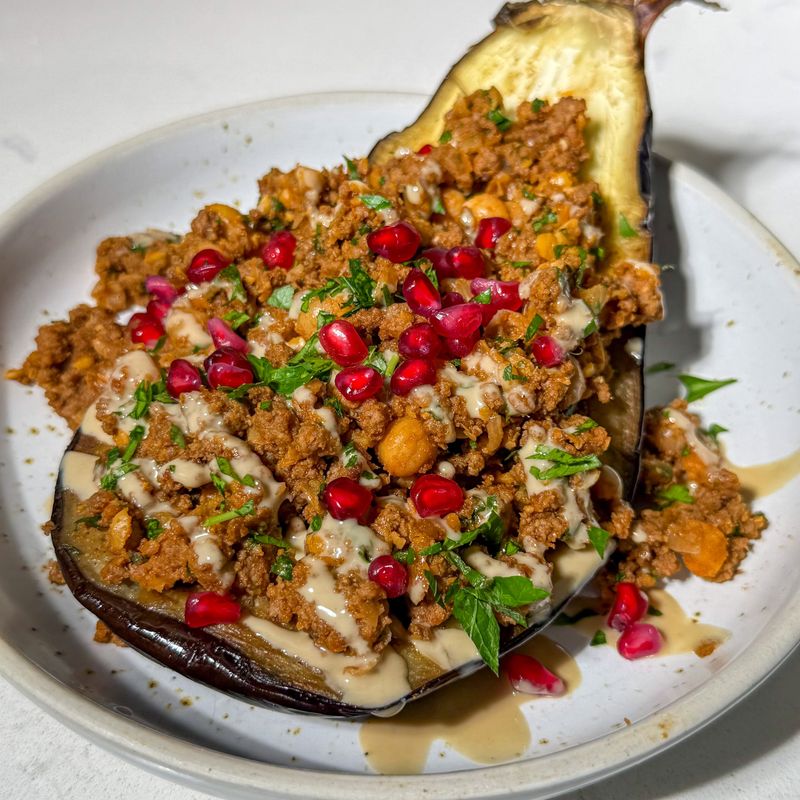 Moroccan Spiced Chickpea Stuffed Aubergine