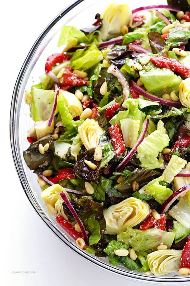 Mixed Greens, Roasted Red Peppers, and Artichoke Hearts