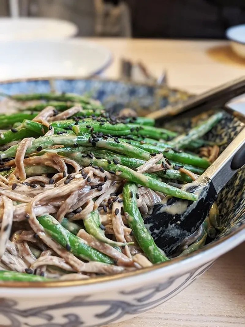 Sesame Miso Green Beans Over Soba Noodles