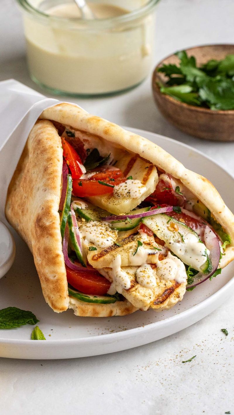 Halloumi Wraps with Hummus and Greens