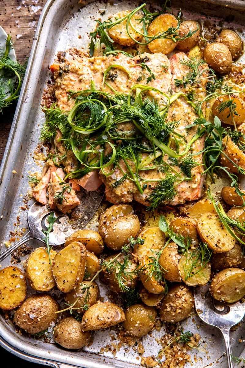 Dijon Mustard Salmon with Green Beans and New Potatoes