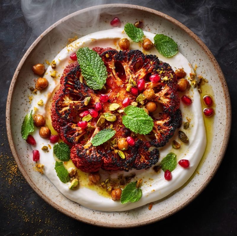 Harissa Cauliflower Steaks with Lentils and Pomegranate