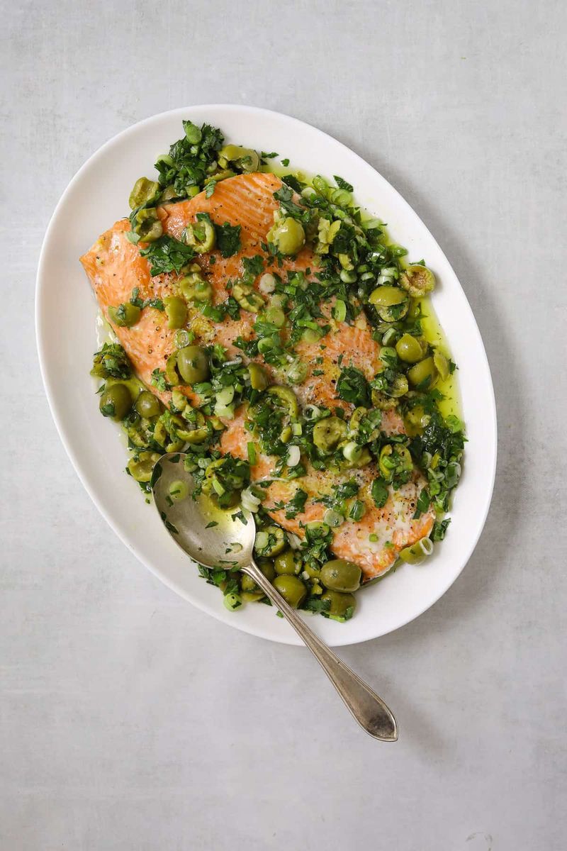 Roasted Salmon with Olive Relish