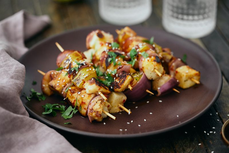 Grilled Pear and Halloumi Skewers