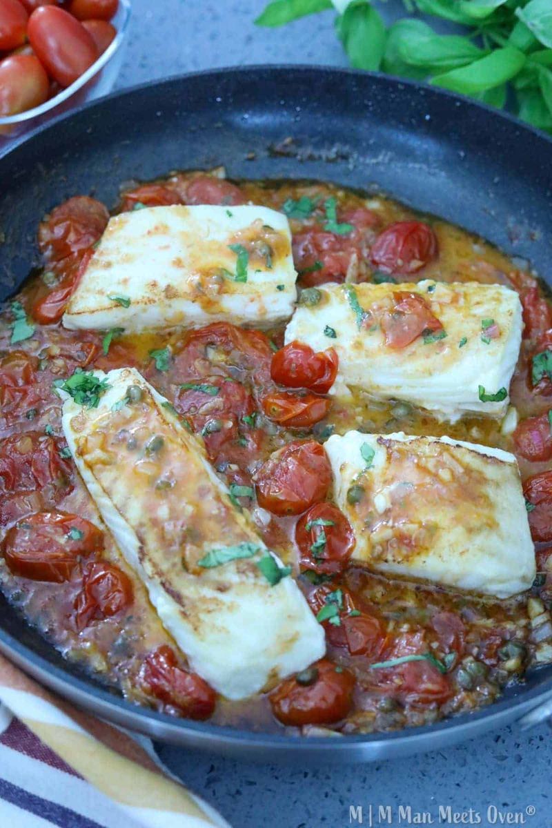 Pan Seared Halibut with Tomato Caper Sauce