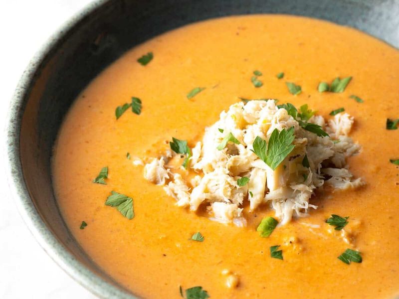 Hot Tomato Bisque with Cold Crab Salad Topping